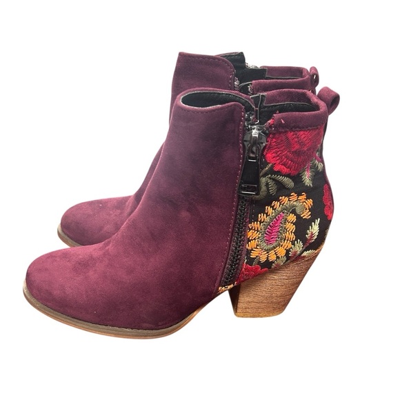 Vintage Havana Shoes - Burgundy Suede Ankle Boots Floral Embroidered Accents Western Block Heel